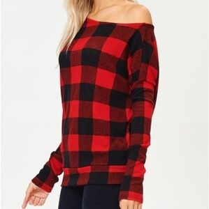 White Brich Red And Black Buffalo Plaid Off The Shoulder Top Size Small